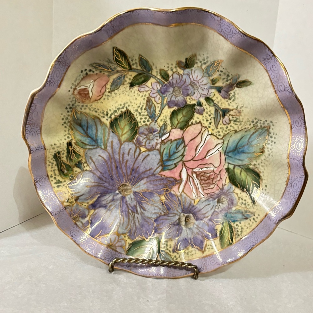 Vintage Chinese Hand Painted Chinoiserie Plate Decorative Floral Gold Embossed